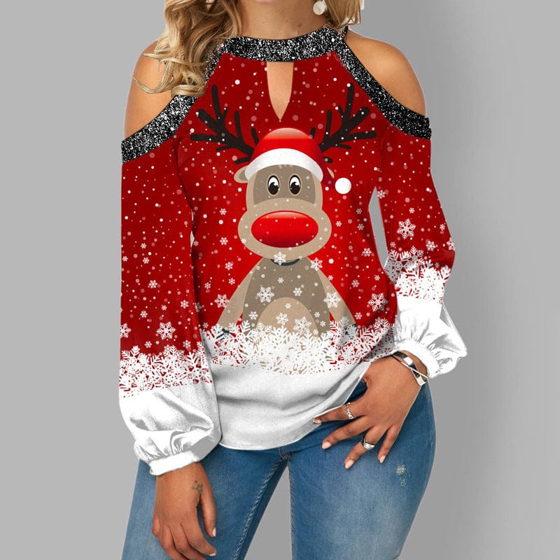 Kerst Top - Dames Lange Mouw Off-Shoulder Rudolf Blous-Boetiek Moda