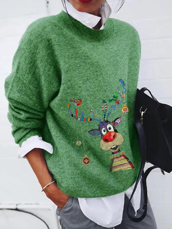 Kerst Trui - Dames Loose Fit Groen Gebreide Rudolf Trui-Boetiek Moda