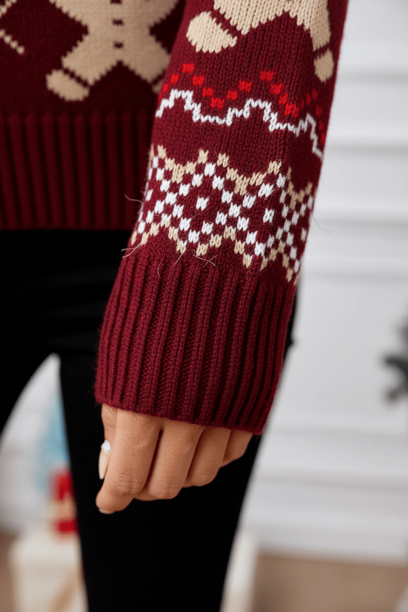 Kersttrui | Bordeauxrood | Gebreid | Grappige kersttrui | Damesbreigoed-Boetiek Moda