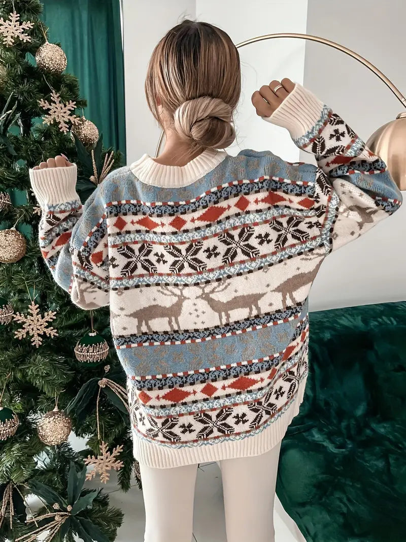 Kersttrui - Oversized Gebreide Ronde Hals Kerst Trui-Boetiek Moda