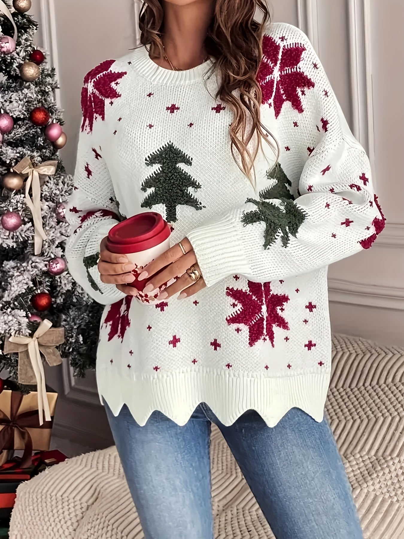 Kersttrui - Oversized gebreide kersttrui voor dames-Boetiek Moda