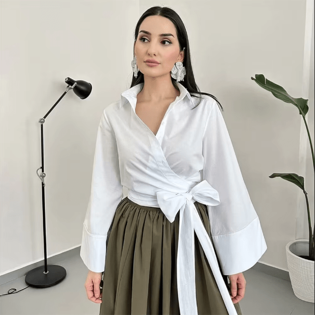 Kimono-blouse | Lange mouwen | Knoopsluiting | Wikkelblouse | Damesoverhemd-Boetiek Moda