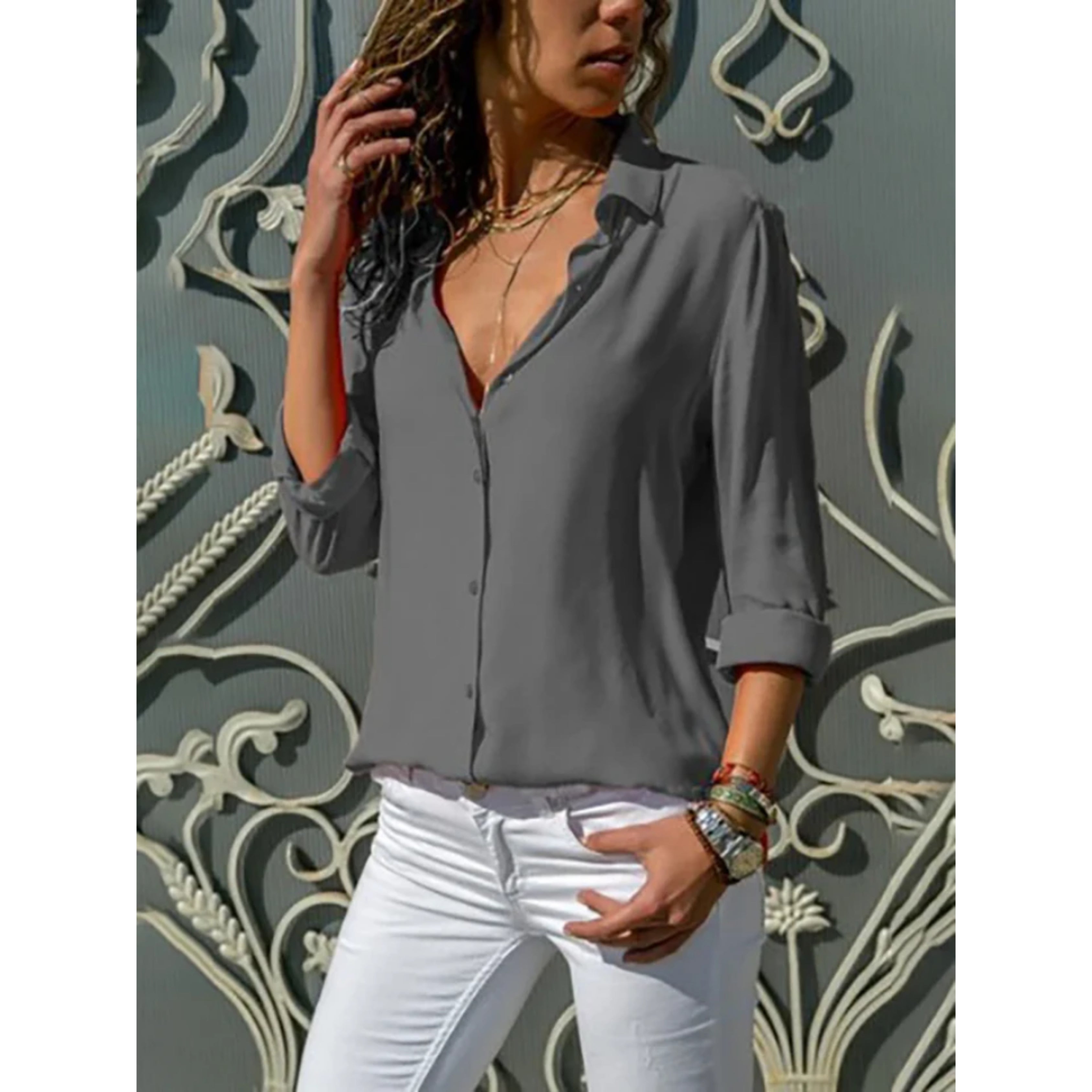 Knoopblouse - Dameshemd met lange Mouwen en Lichtgewicht Knoopsluiting-Boetiek Moda