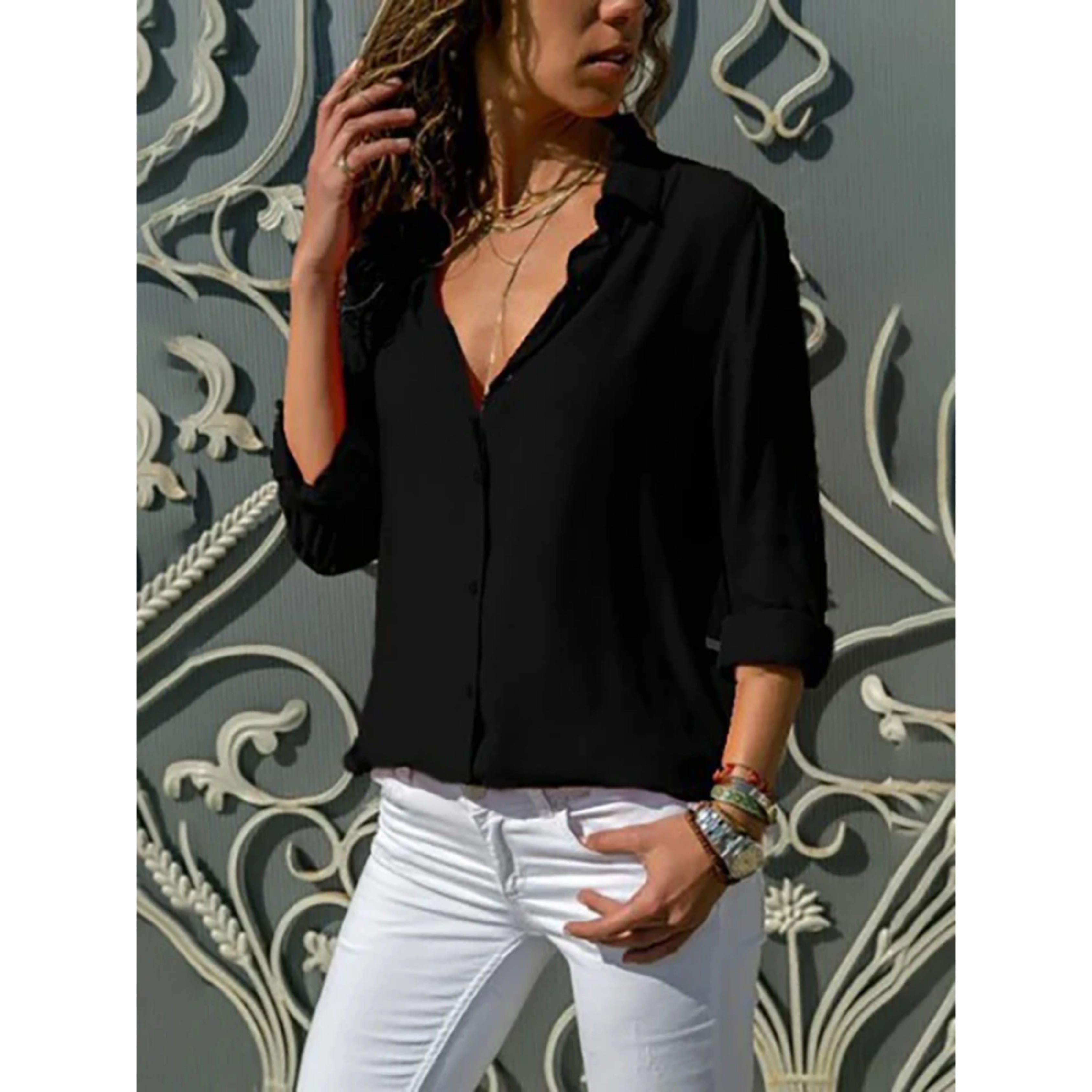 Knoopblouse - Dameshemd met lange Mouwen en Lichtgewicht Knoopsluiting-Boetiek Moda