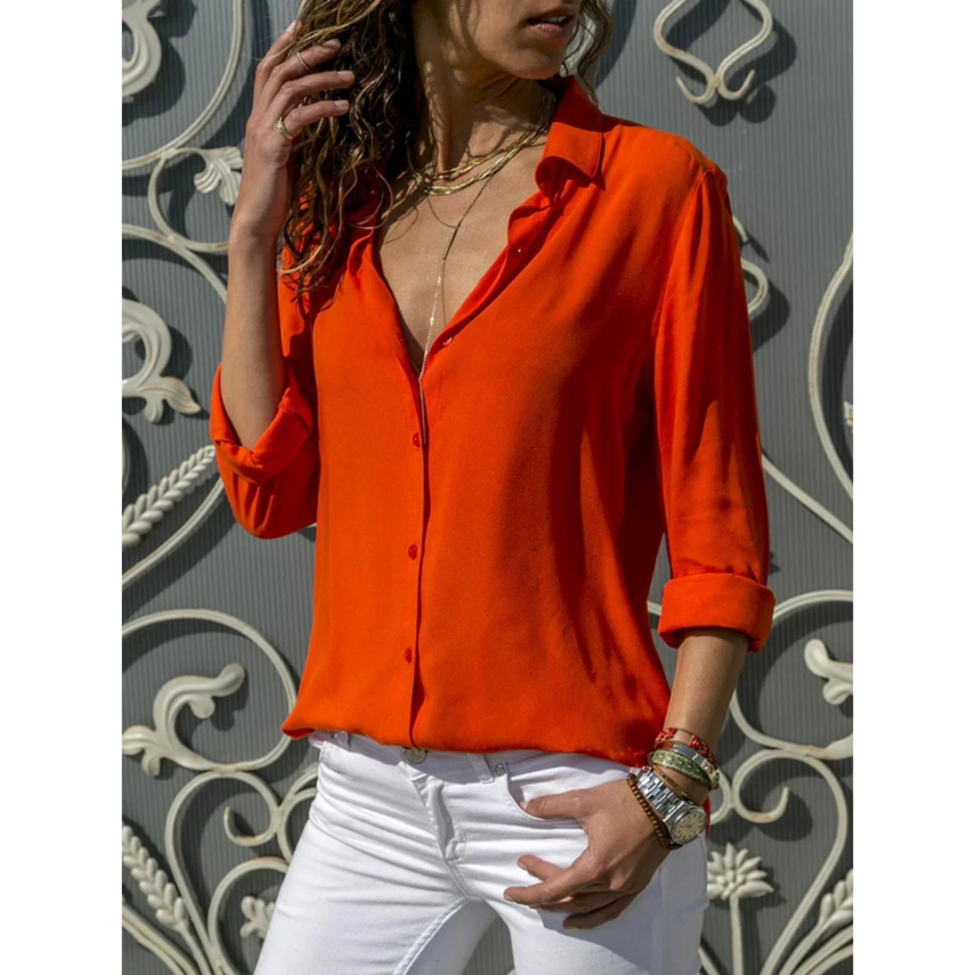 Knoopblouse - Dameshemd met lange Mouwen en Lichtgewicht Knoopsluiting-Boetiek Moda