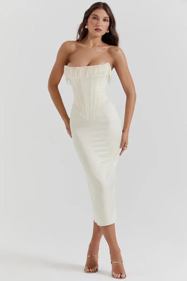 Korsetjurk - Strapless Witte Satijnen Cocktail Midi Jurk-Boetiek Moda