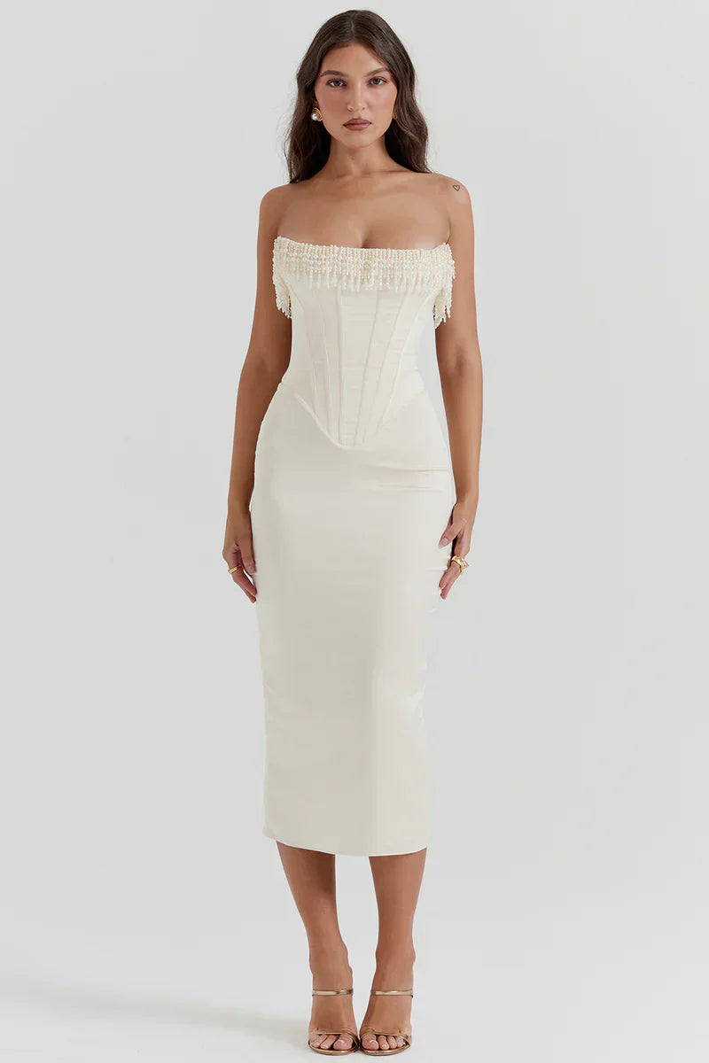 Korsetjurk - Strapless Witte Satijnen Cocktail Midi Jurk-Boetiek Moda