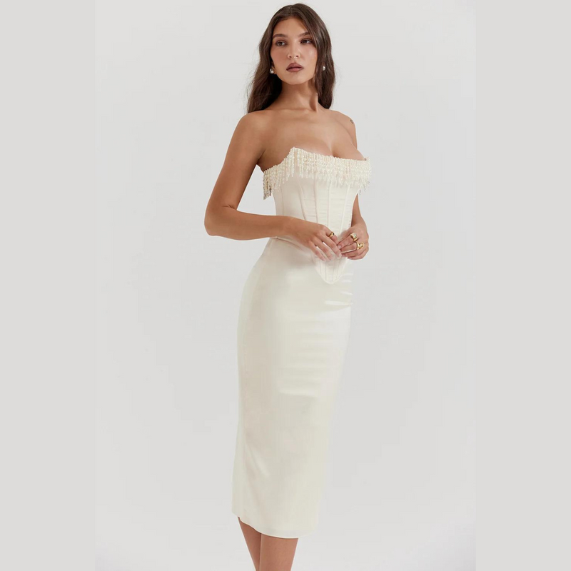 Korsetjurk - Strapless Witte Satijnen Cocktail Midi Jurk-Boetiek Moda