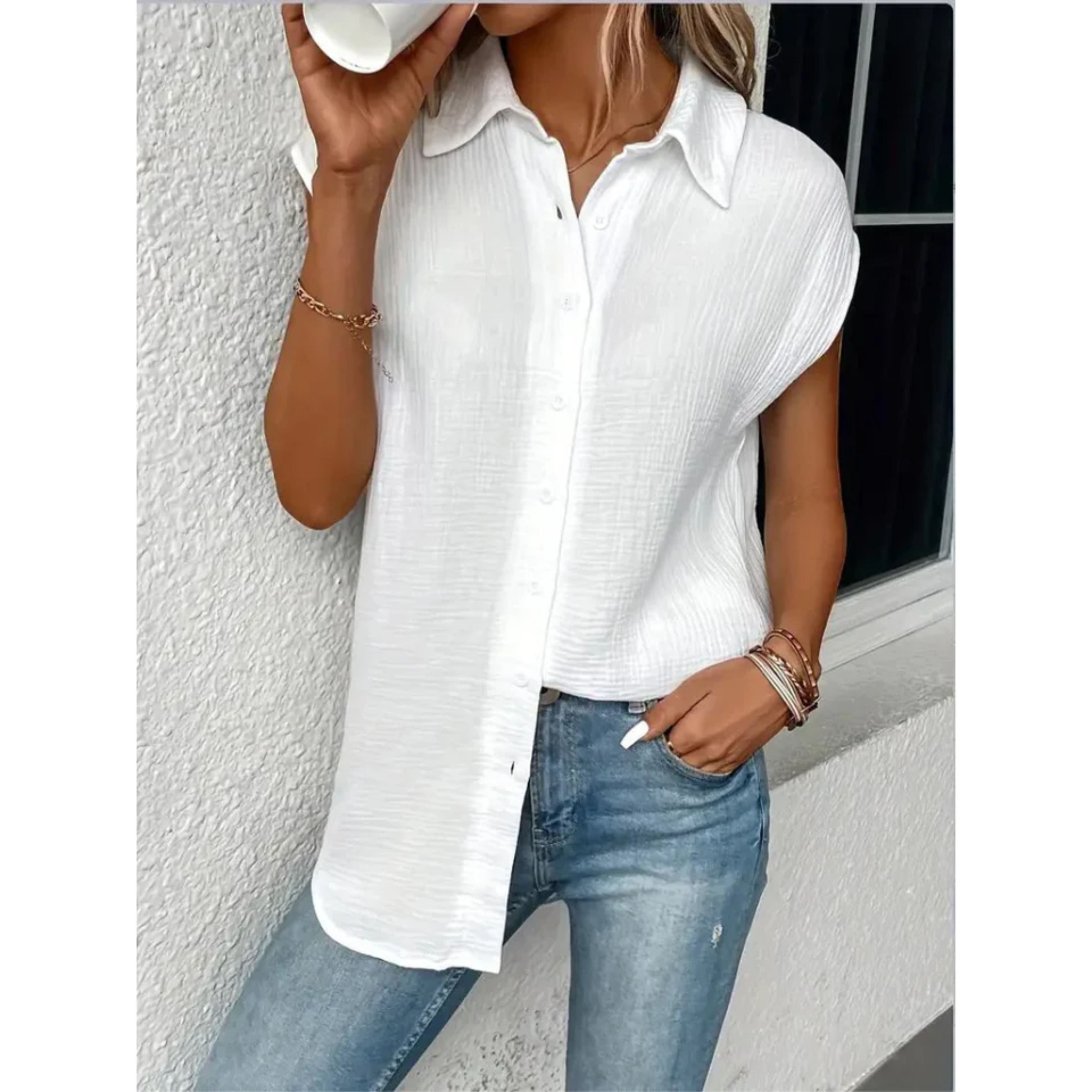 Korte Mouwen Blouse - Dames top met knopen en strik aan de voorkant voor de zomer-Boetiek Moda