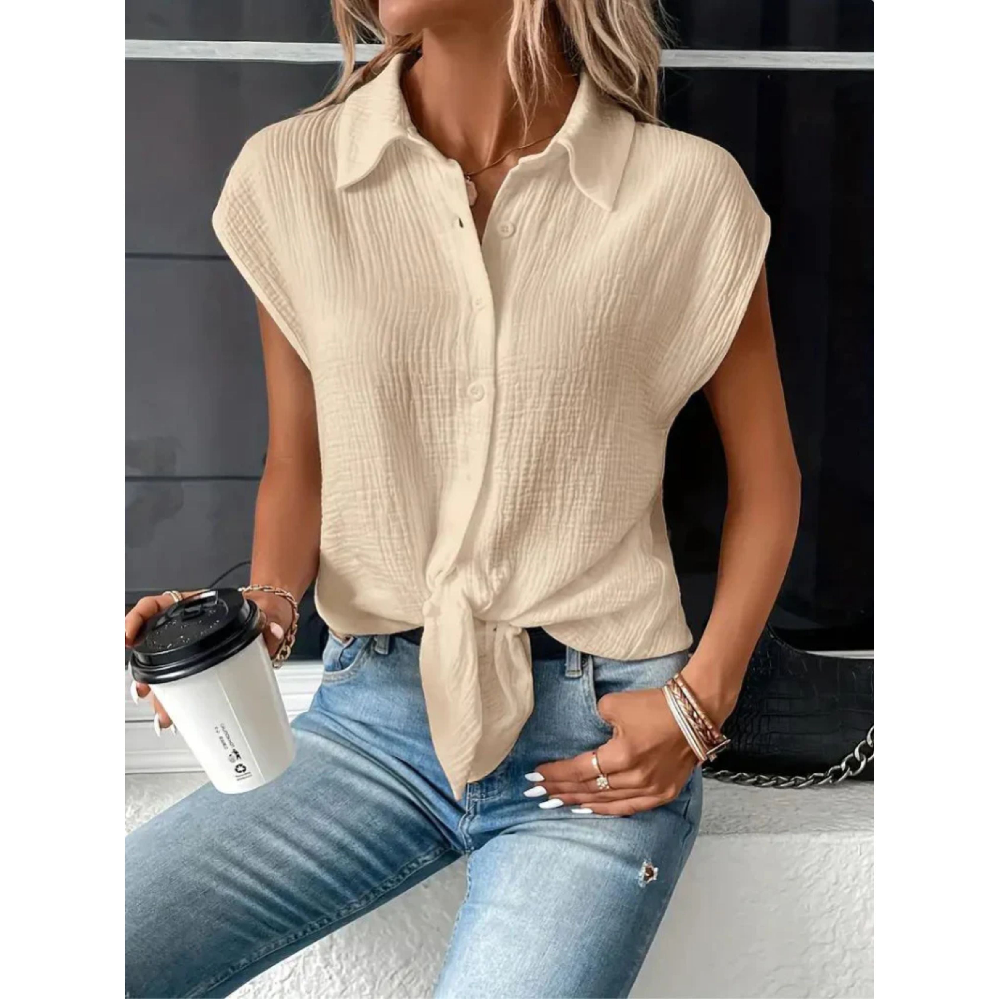 Korte Mouwen Blouse - Dames top met knopen en strik aan de voorkant voor de zomer-Boetiek Moda