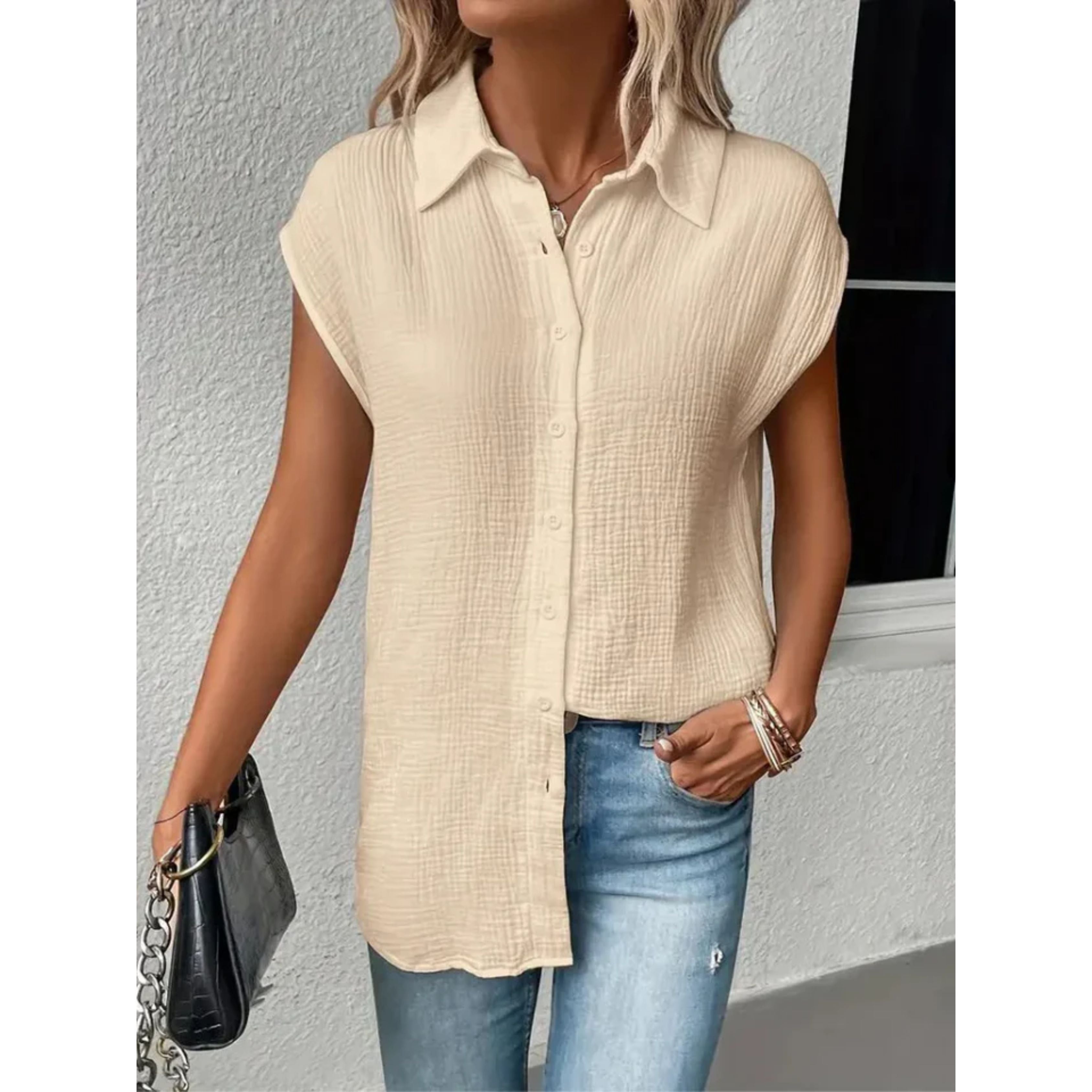 Korte Mouwen Blouse - Dames top met knopen en strik aan de voorkant voor de zomer-Boetiek Moda