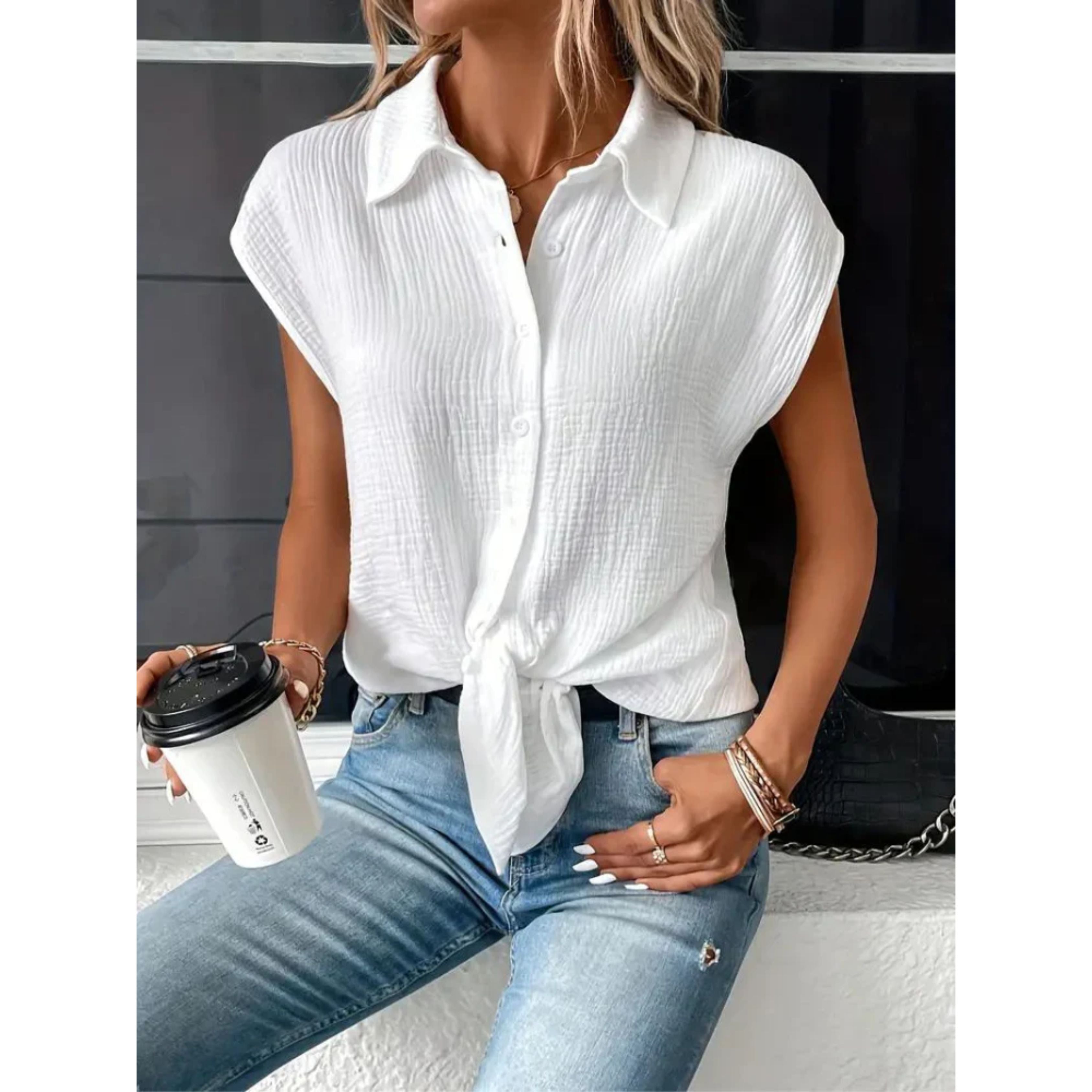 Korte Mouwen Blouse - Dames top met knopen en strik aan de voorkant voor de zomer-Boetiek Moda