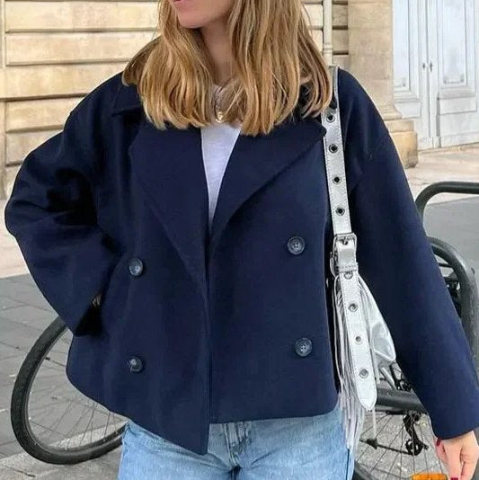 Korte Trench Jacket - Damesblauwe Double Breasted Korte Wollen Trench Coat-Boetiek Moda