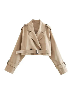 Korte Trenchcoat - Vrouwen Beige Double Breasted Korte Trenchcoat met Riem-Boetiek Moda