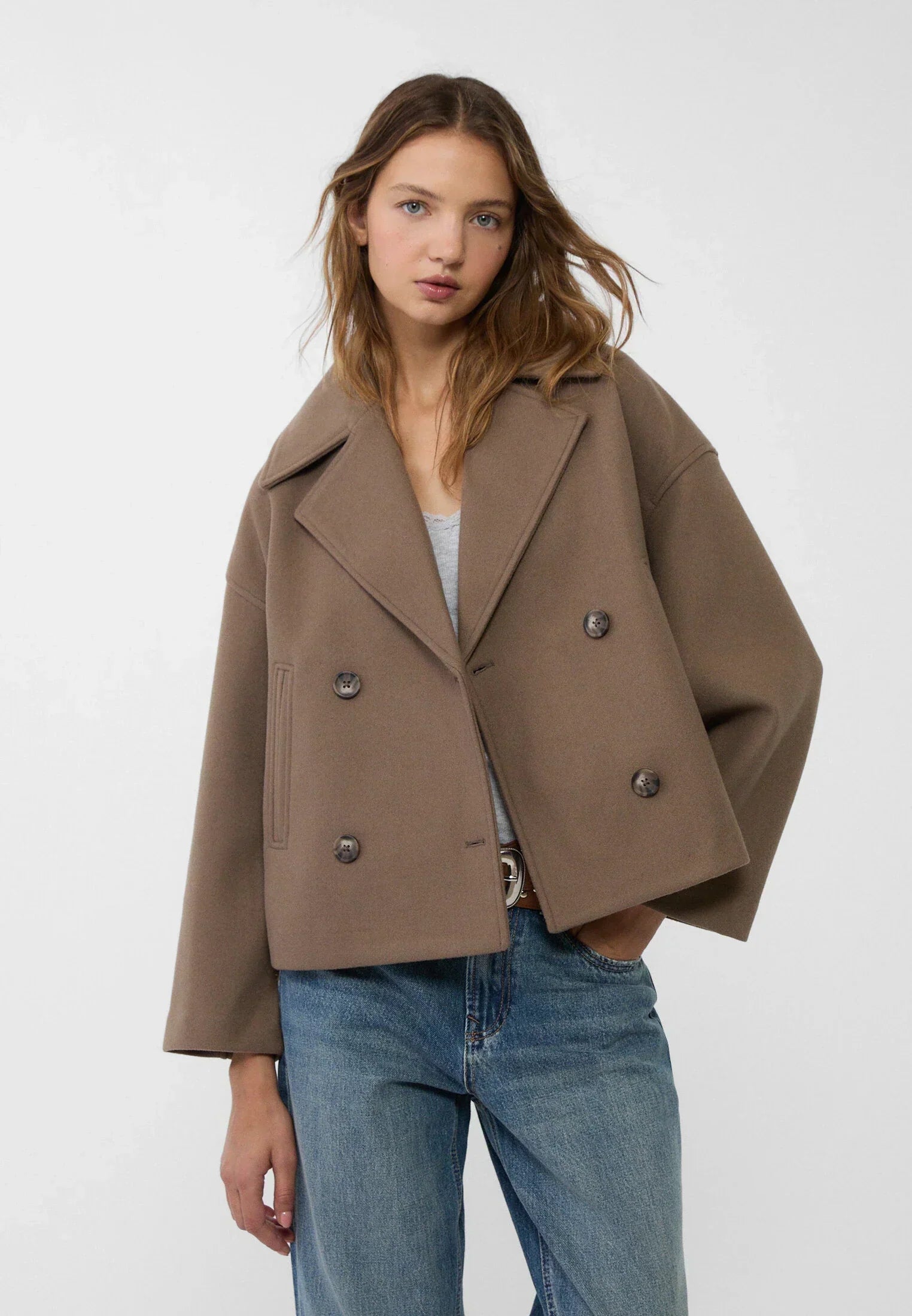 Korte trenchcoat - Dames loose fit korte trenchcoat met twee rijen knopen-Boetiek Moda