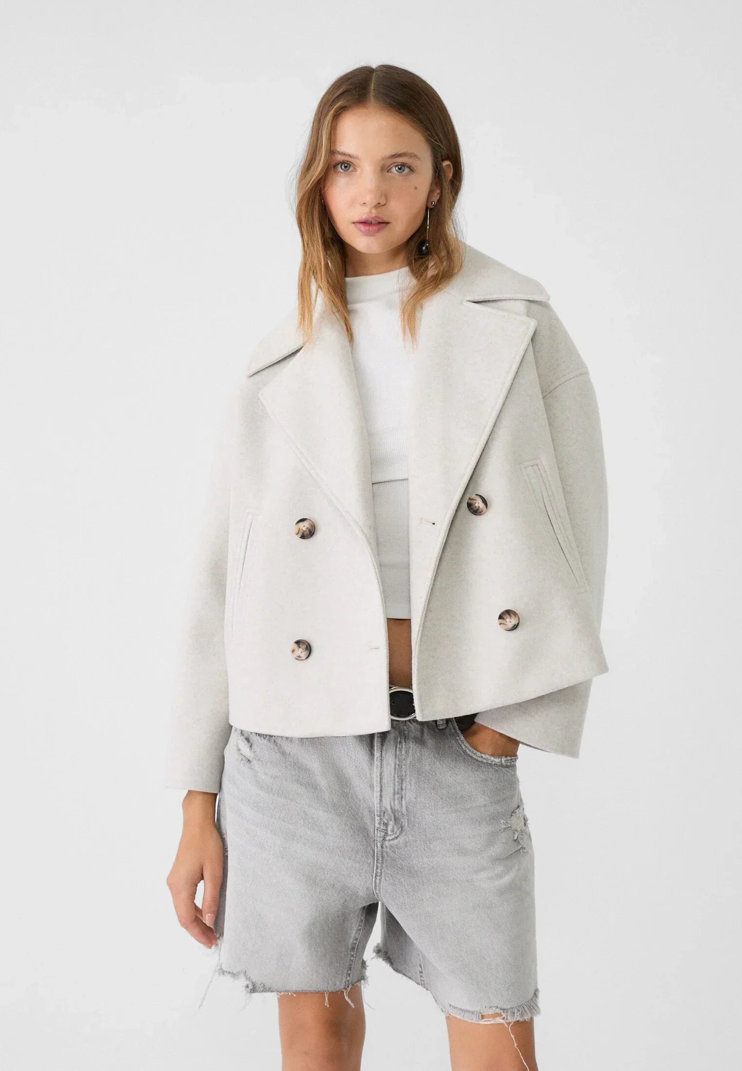 Korte trenchcoat - Dames loose fit korte trenchcoat met twee rijen knopen-Boetiek Moda