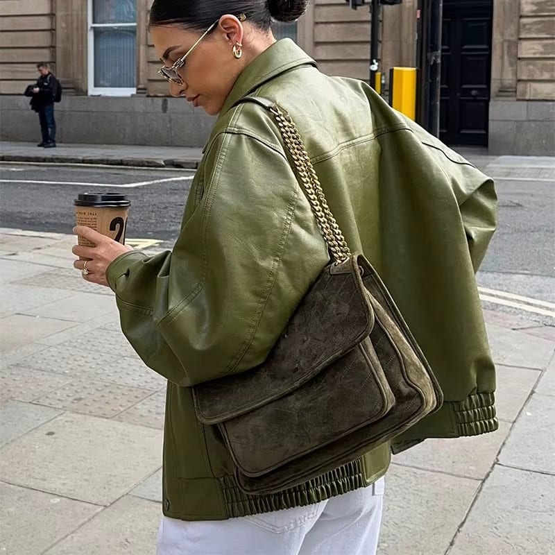 Kunstleren jas - Groene oversized leren jas voor dames-Boetiek Moda