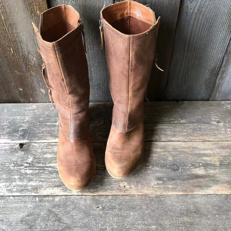 Laarzen met hakken - Bruine leren laarzen met rits tot halverwege de kuit voor dames-Boetiek Moda