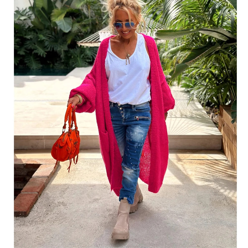 Lang Vest - Dames Love Peace oversized gebreid vest met open voorkant-Boetiek Moda