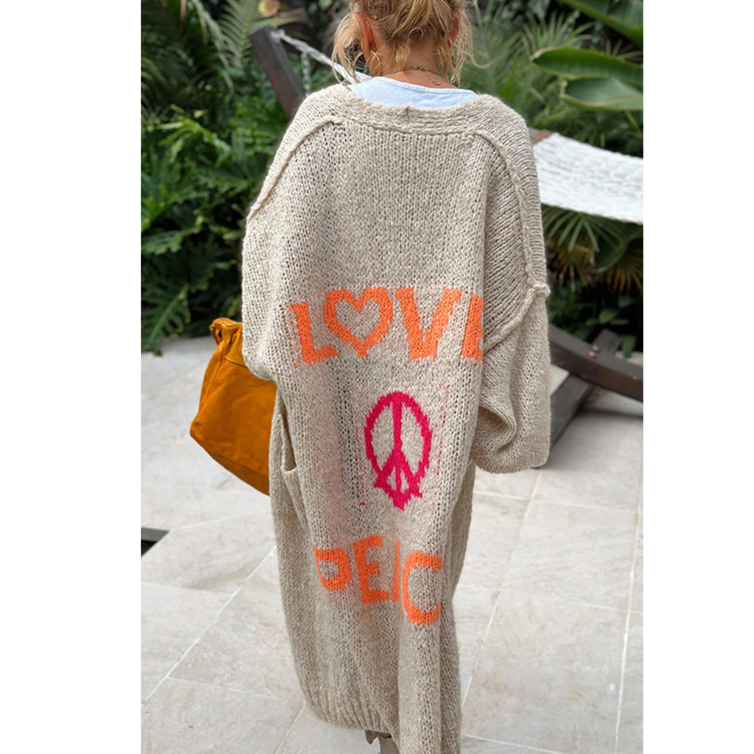 Lang Vest - Dames Love Peace oversized gebreid vest met open voorkant-Boetiek Moda