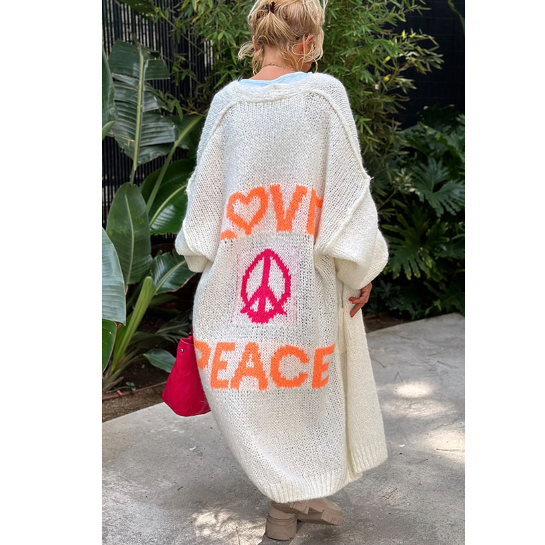 Lang Vest - Dames Love Peace oversized gebreid vest met open voorkant-Boetiek Moda
