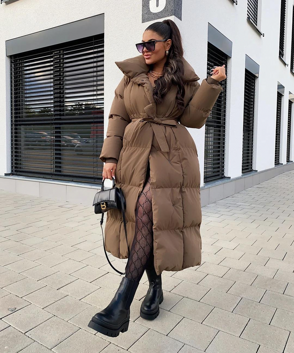 Lange pufferjas | Warm | Riem | Gewatteerde jas | Lange winterjas voor dames-Boetiek Moda