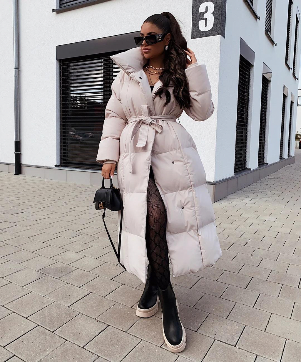 Lange pufferjas | Warm | Riem | Gewatteerde jas | Lange winterjas voor dames-Boetiek Moda