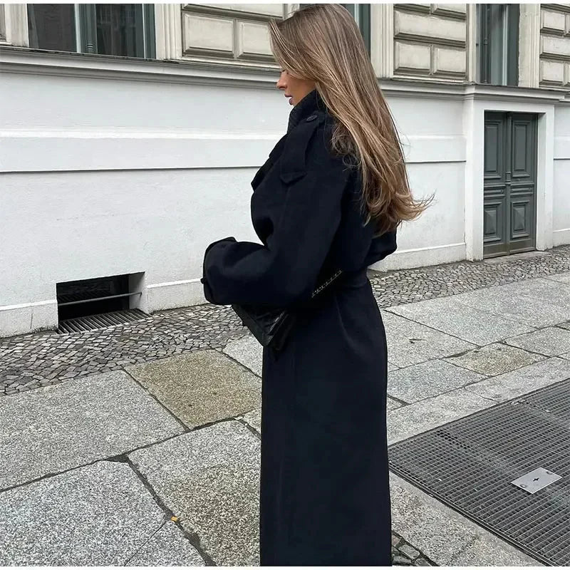 Lange trenchcoat | Zwart | Dubbelrijig | Oversized trenchcoat | Dames trenchcoat-Boetiek Moda