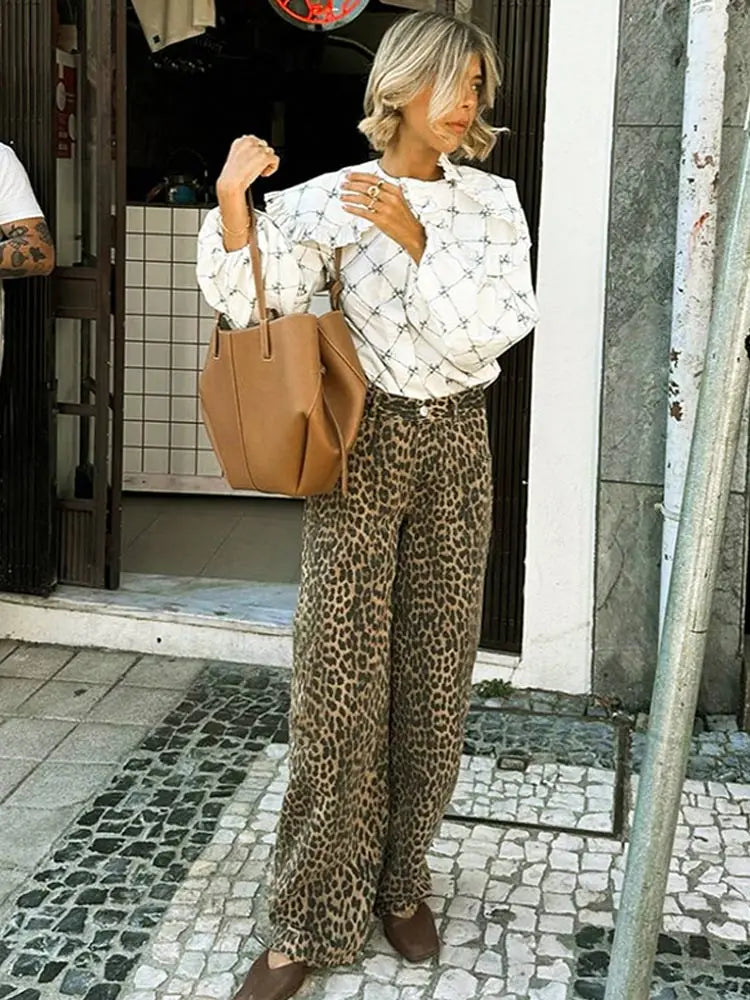 Leopard Jeans - Damesbroek met wijde pijpen en losse taille-Boetiek Moda