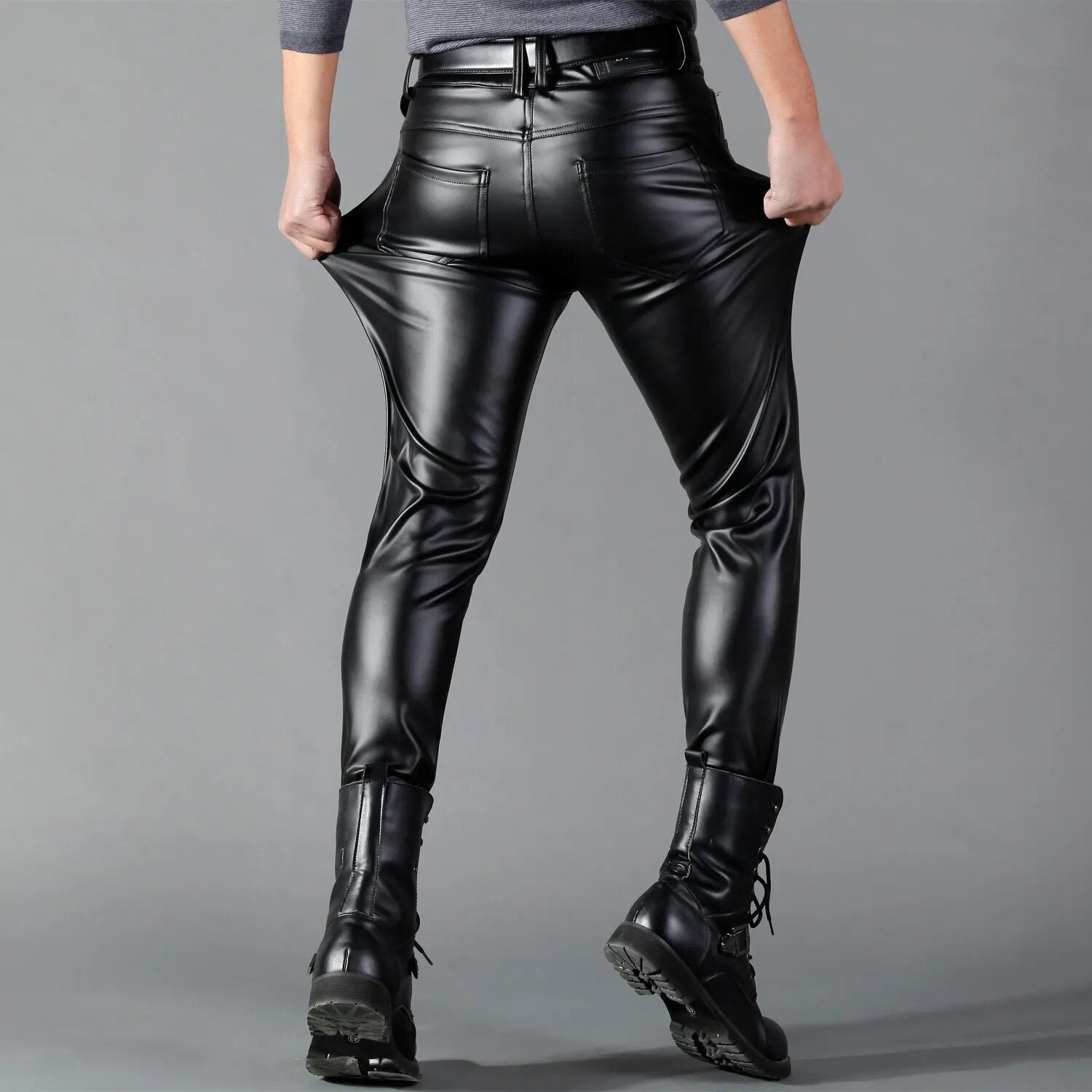 Leren Broek - Zwarte stretch skinny leren broek voor heren-Boetiek Moda