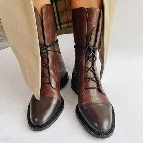 Leren Laarzen - Dames Vintage Mid Calf Lace Up Laarzen-Boetiek Moda