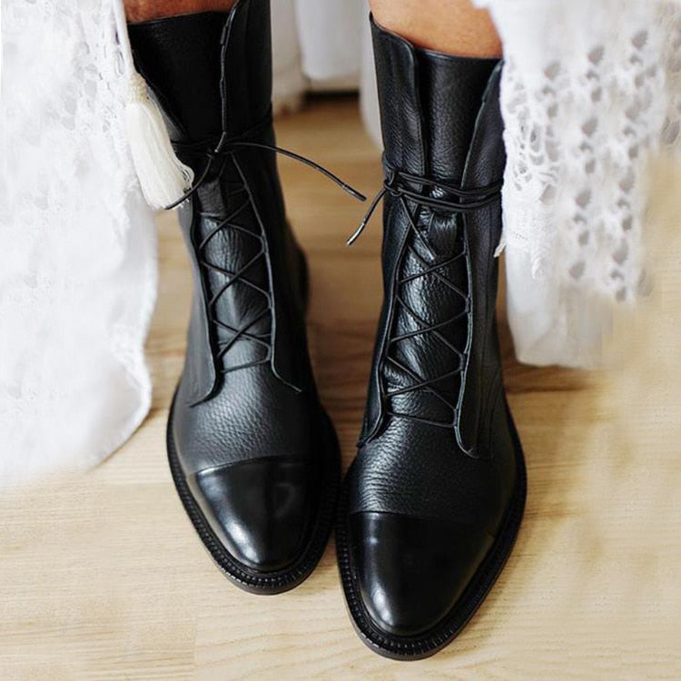 Leren Laarzen - Dames Vintage Mid Calf Lace Up Laarzen-Boetiek Moda