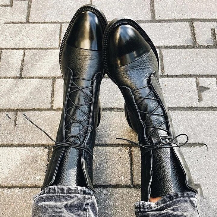 Leren Laarzen - Dames Vintage Mid Calf Lace Up Laarzen-Boetiek Moda