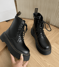 Leren Laarzen - Veterschoenen - Zwart - Chunky Laarzen - Dameslaarzen-Boetiek Moda