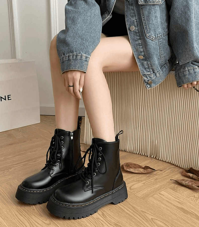 Leren Laarzen - Veterschoenen - Zwart - Chunky Laarzen - Dameslaarzen-Boetiek Moda