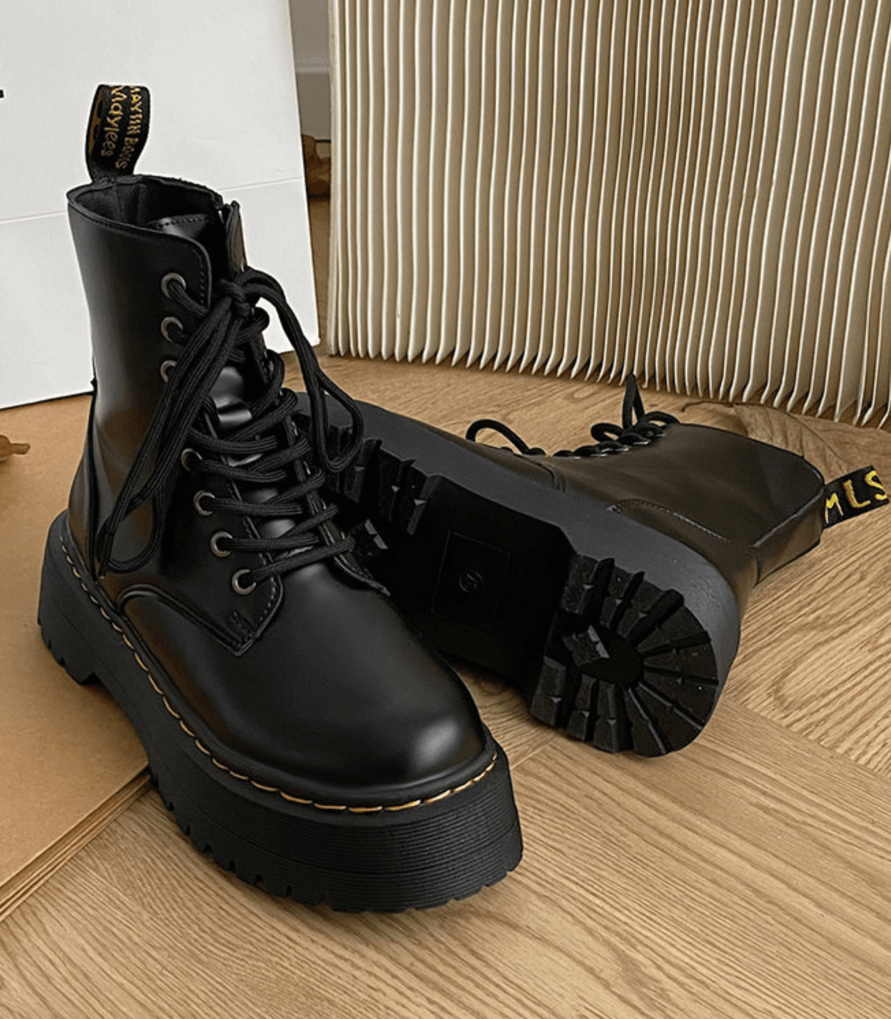 Leren Laarzen - Veterschoenen - Zwart - Chunky Laarzen - Dameslaarzen-Boetiek Moda