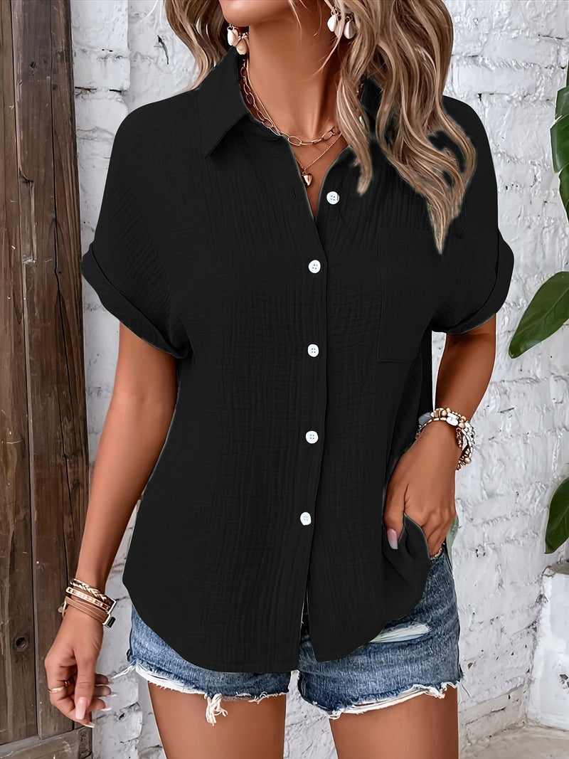 Linnen Blouse - Korte Mouw - Losse Pasvorm - Knoopsluiting - Dameskleding-Boetiek Moda