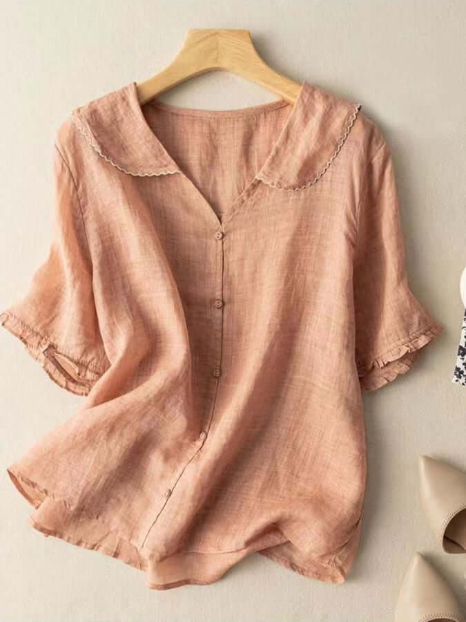 Linnen Blouse - Korte Mouw - Poppenkraag - Dames Zomertops - Linnen T-Shirts Vrouwen-Boetiek Moda