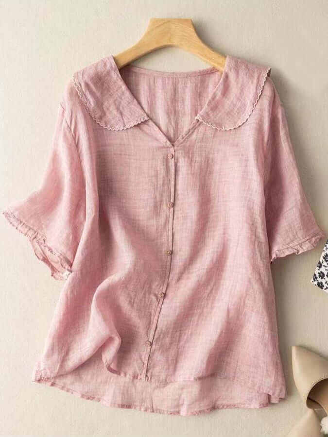 Linnen Blouse - Korte Mouw - Poppenkraag - Dames Zomertops - Linnen T-Shirts Vrouwen-Boetiek Moda