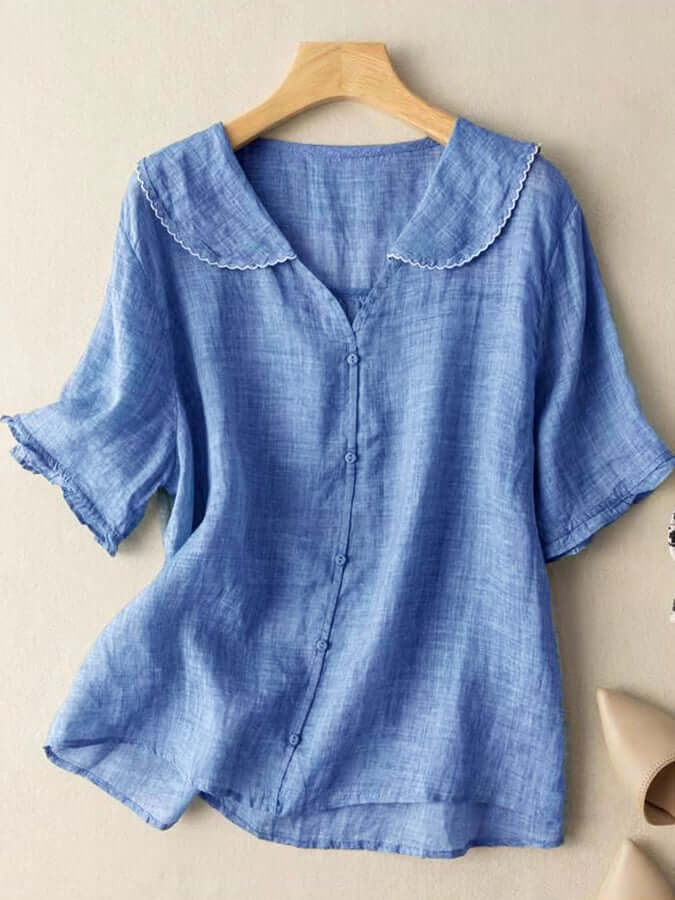 Linnen Blouse - Korte Mouw - Poppenkraag - Dames Zomertops - Linnen T-Shirts Vrouwen-Boetiek Moda