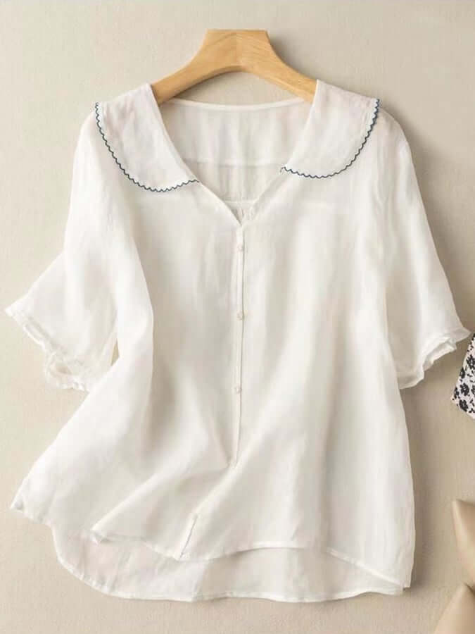 Linnen Blouse - Korte Mouw - Poppenkraag - Dames Zomertops - Linnen T-Shirts Vrouwen-Boetiek Moda