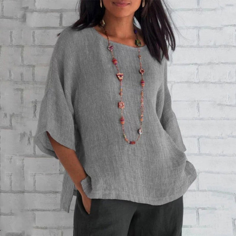 Linnen Blouse | Losse Pasvorm | Halve Mouw | Oversized Blouse | Zomerkleding Vrouwen-Boetiek Moda