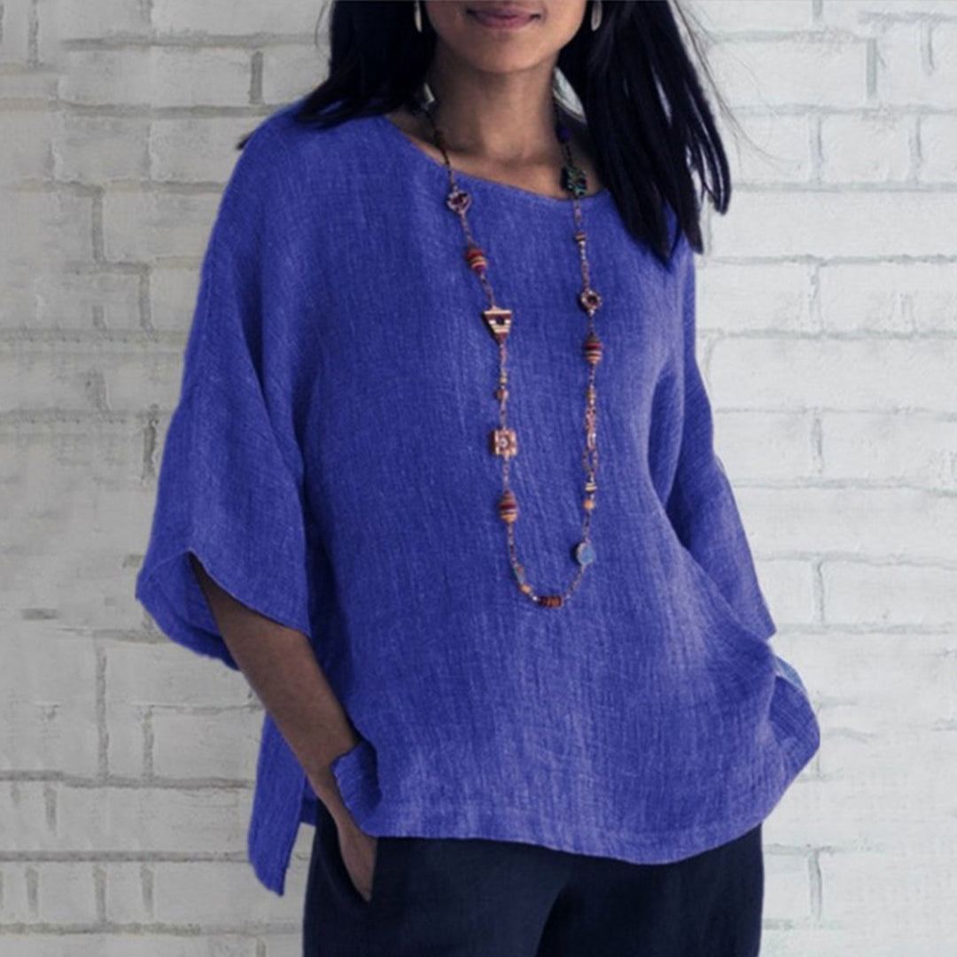 Linnen Blouse | Losse Pasvorm | Halve Mouw | Oversized Blouse | Zomerkleding Vrouwen-Boetiek Moda