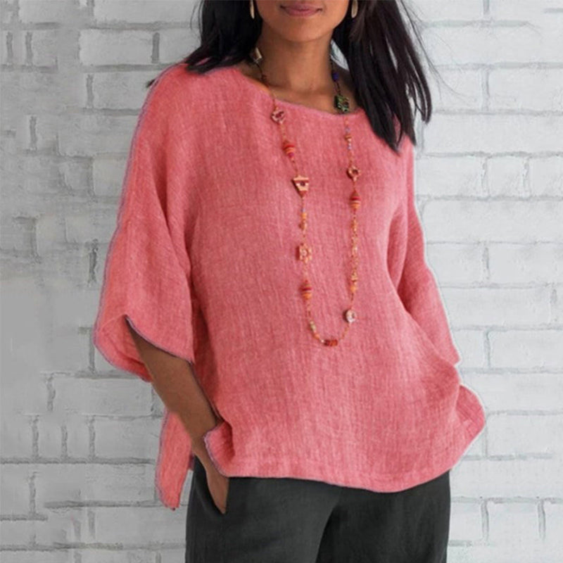 Linnen Blouse | Losse Pasvorm | Halve Mouw | Oversized Blouse | Zomerkleding Vrouwen-Boetiek Moda