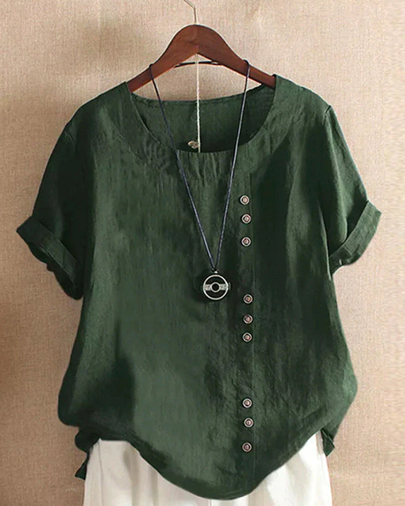 Linnen Blouse - Losvallend linnen T-shirt met korte mouwen voor dames-Boetiek Moda