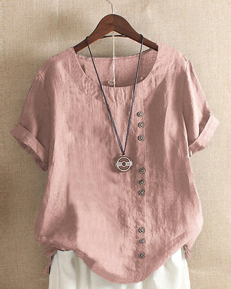 Linnen Blouse - Losvallend linnen T-shirt met korte mouwen voor dames-Boetiek Moda