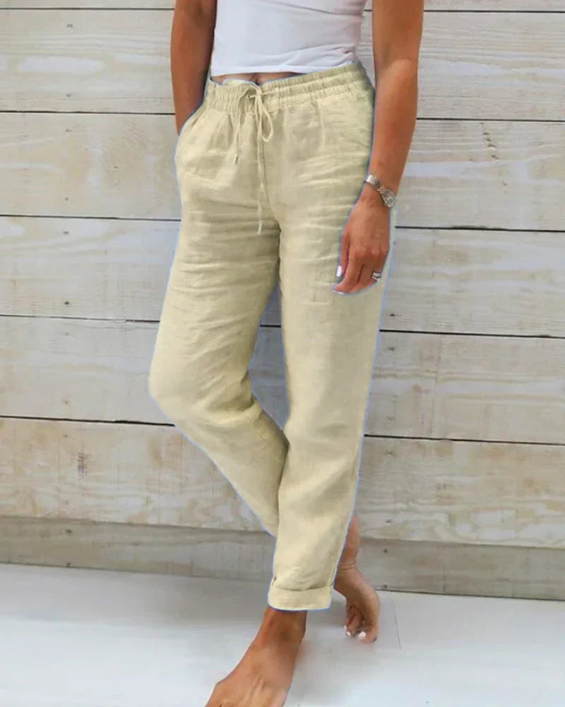 Linnen Broek | Hoge Taille | Elastische Taille | Katoenen Broek | Vrouwenbroek-Boetiek Moda