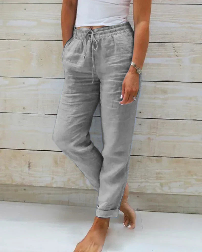 Linnen Broek | Hoge Taille | Elastische Taille | Katoenen Broek | Vrouwenbroek-Boetiek Moda