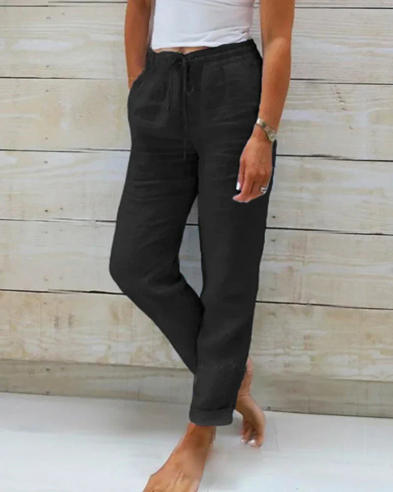 Linnen Broek | Hoge Taille | Elastische Taille | Katoenen Broek | Vrouwenbroek-Boetiek Moda