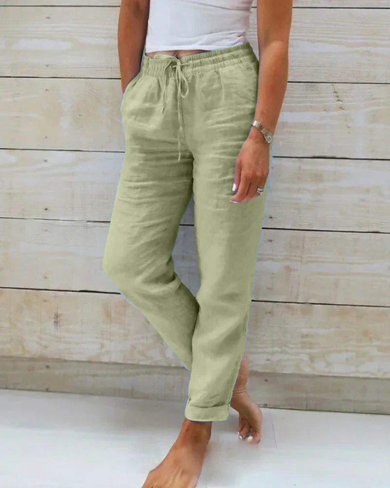 Linnen Broek | Hoge Taille | Elastische Taille | Katoenen Broek | Vrouwenbroek-Boetiek Moda